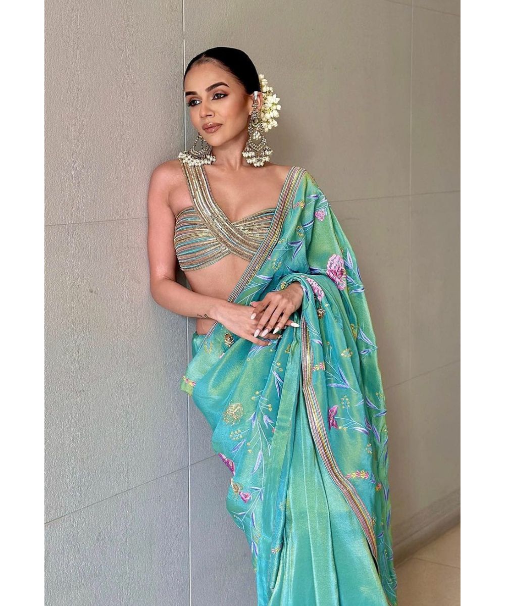 AASTHA SOOD - Aqua Silk Tissue Saree with Pink and Gold Embroidery